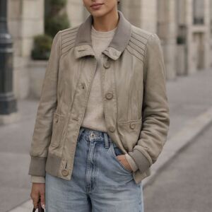 Mackage veil leather wool vintage tan beige jacket bomber sz. M